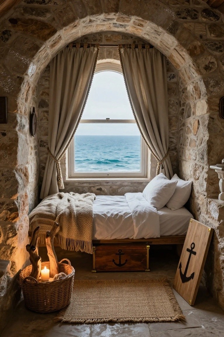 Cozy bedroom nook in a stone alcove with arched window overlooking the ocean, low wooden bed with white sheets and tan blanket, candle lantern in basket, wooden chest with anchors, and wooden anchor sign.