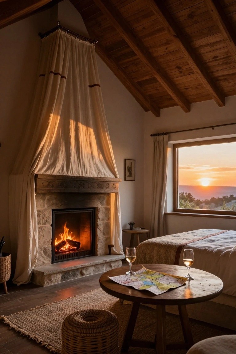 Bedroom interior with wooden beamed ceiling, large stone fireplace covered by sheer white canopy fabric, burning fire inside, wooden side table holding wine glasses and a map, bed in background, and large window showing orange sunset over hills.