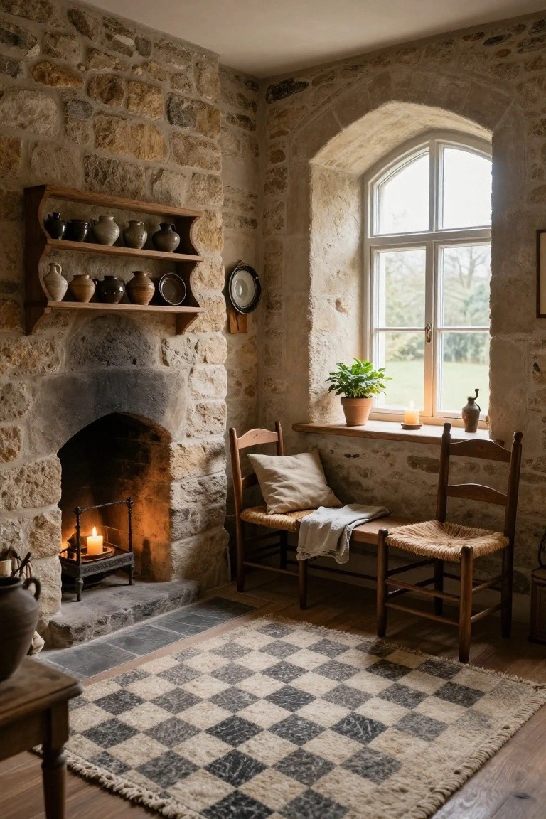 Stone-walled room interior with arched fireplace containing lit candles and fire grate, wooden shelves with pottery jars, ladder-back chairs and bench on checkered rug, arched window seat with potted plant and candle.