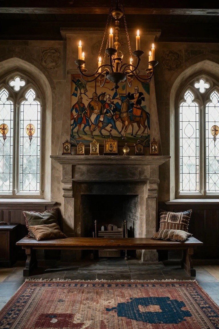 Medieval-style interior with large stone fireplace, wooden benches in front, arched stained-glass windows, knight tapestry above mantel, candle chandelier, and antique clocks on shelf.