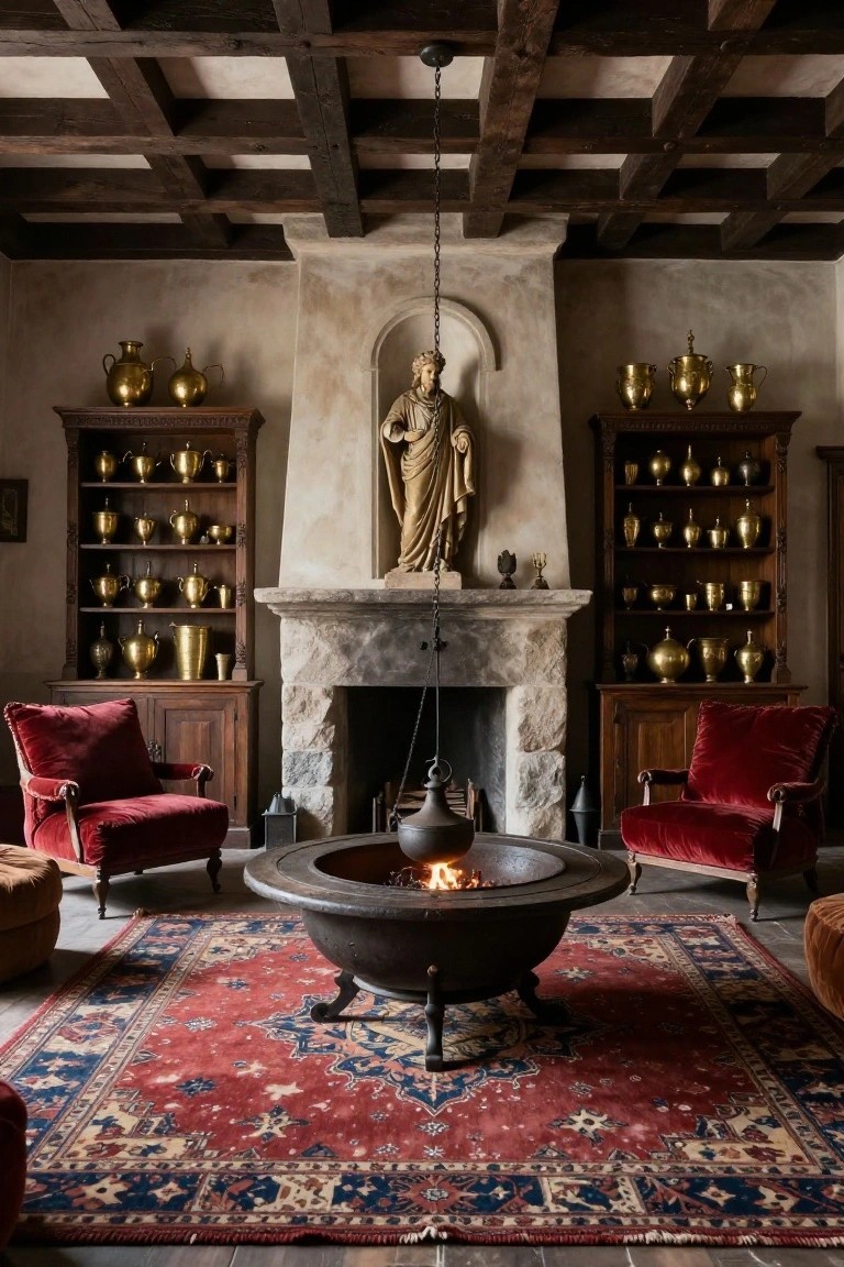 Rustic living room featuring exposed wooden beam ceiling, stone fireplace with niche containing golden statue, flanked by wooden cabinets filled with brass pots and urns, red velvet armchairs, central metal fire bowl on red and blue patterned rug.