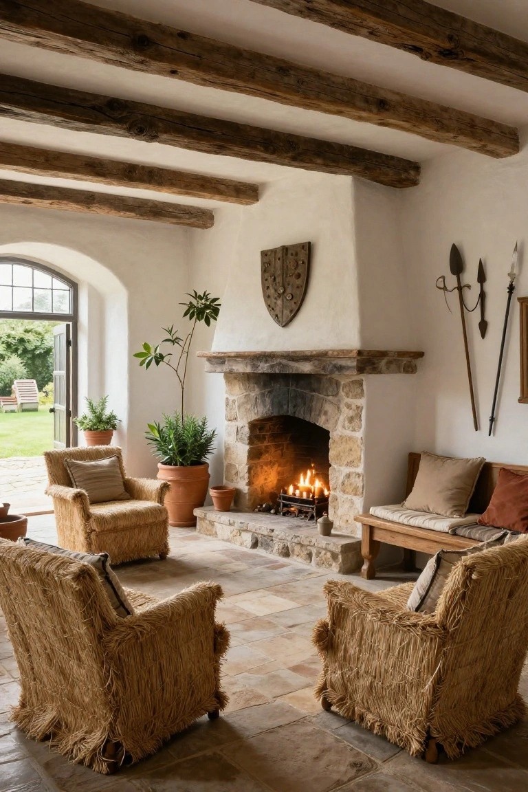 Living room featuring exposed wooden beams on whitewashed walls, large arched stone fireplace with burning fire, woven straw armchairs, potted plants, medieval shield and weapons on wall, and arched door opening to garden.