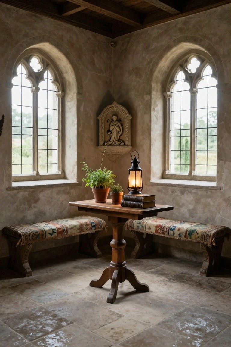 Corner of a beige stone-walled room with two tall arched windows, a central wooden table holding stacked books, potted plants, and a lit lantern, flanked by two short upholstered benches on a stone tile floor.