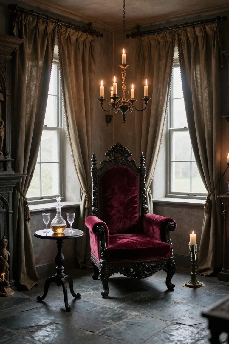 Dimly lit gothic room corner with heavy beige curtains on two windows, ornate red velvet armchair beside a small round table with crystal decanter and glasses, candles on chandelier and candlesticks.