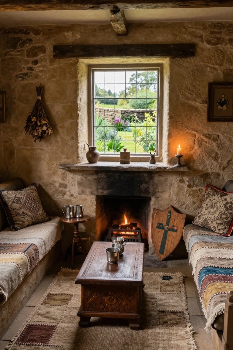Stone-walled room with beamed ceiling, lit fireplace flanked by low cushioned benches with colorful textiles, wooden shield leaning against the hearth, small table in front, and window showing garden view.