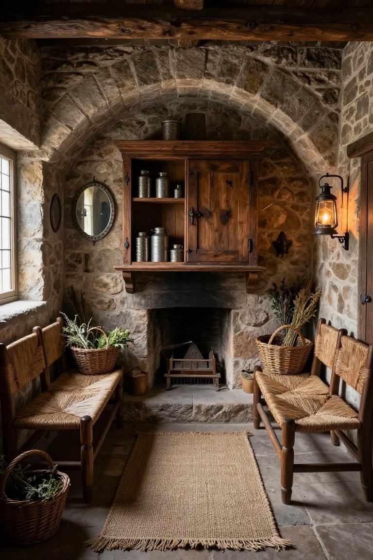 Stone-walled interior alcove with arched ceiling, wood-burning fireplace, paired rush-seated benches, wooden cabinet above mantel holding metal containers, wall-mounted lantern, round mirror, small window, and baskets with plants on the floor.