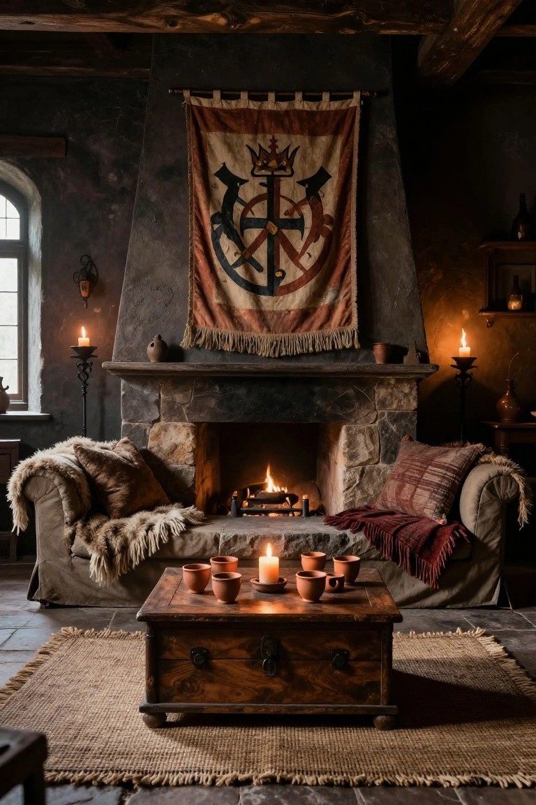 Medieval-style living room interior with a large stone fireplace, red and gold tapestry banner hanging above the mantel, fur-draped sofas, wooden coffee table with clay cups and candles, and wall torches.