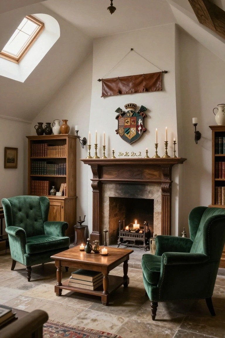 Attic living room featuring green velvet armchairs around a wooden coffee table in front of a lit stone fireplace, with wooden bookshelves, coat of arms shield, leather banner, and candles on the mantel.