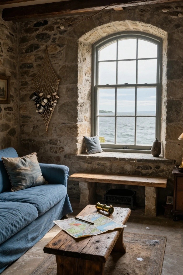 Cozy living room with exposed stone walls, arched window overlooking the sea, blue sofa, wooden coffee table holding a map and brass telescope, net decoration with mugs, and wooden bench.