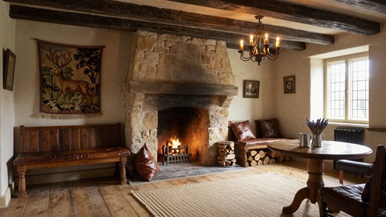 Warmly lit living room with tall arched stone fireplace containing a wood fire on grate, flanked by leather armchairs and sofa, wooden coffee table holding tin cans with lavender, stag tapestry on wall, iron candle chandelier from beamed ceiling, and leaded window.