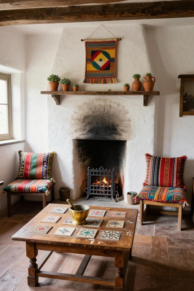 Rustic living room with whitewashed walls, exposed wooden beams, arched fireplace containing a metal grate with fire, two wooden chairs with colorful woven cushions, central wooden coffee table topped with decorative tiles, potted succulents on wooden mantel shelf, and a woven tapestry hanging above.