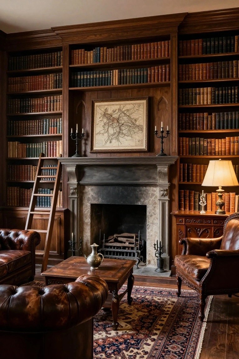 Wood-paneled library room with floor-to-ceiling bookshelves, wooden rolling ladder, stone fireplace, leather armchairs, side table, and brass lamp.