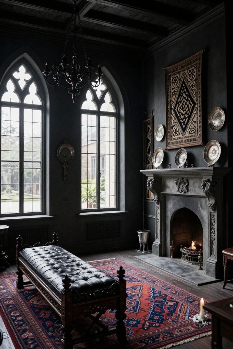 Dimly lit gothic-style living room featuring tall arched windows, ornate carved stone fireplace with burning fire, black leather bench on red and blue Persian rug, chandelier, and antique plates on walls.