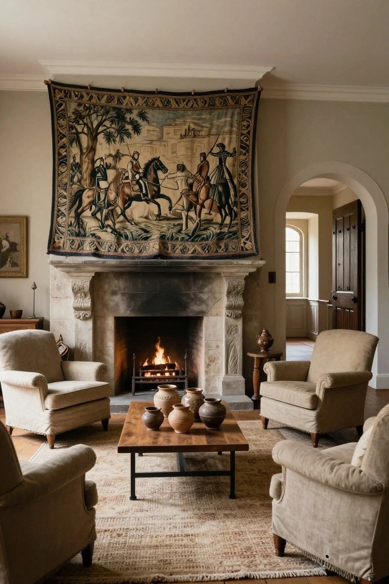 A living room with a large tapestry of equestrians and architecture hanging above a lit stone fireplace, beige armchairs around a low wooden coffee table with terracotta pots, neutral rug on wood floor.