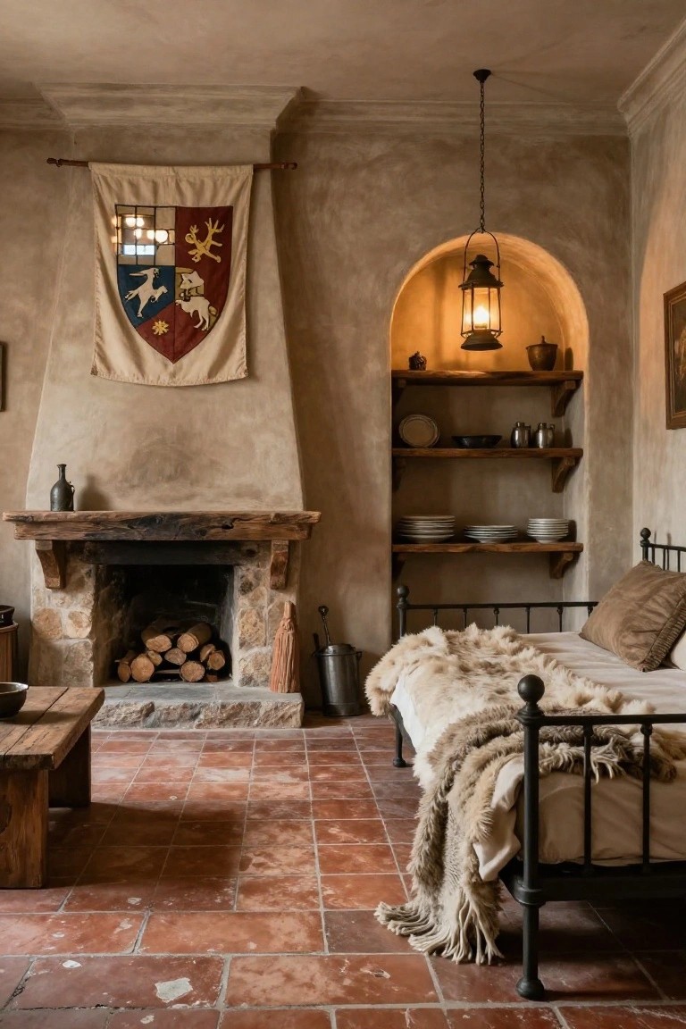 Medieval-style interior room with a large stone fireplace under a hanging tapestry banner featuring a heraldic shield, arched niche shelves with pottery and lantern, iron bed draped in fur throw, wooden table, and terracotta floor tiles.