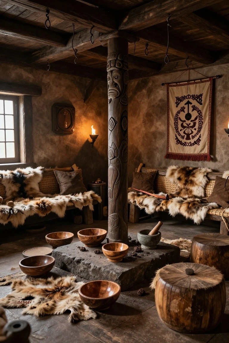 Rustic indoor room with tall central carved wooden pillar, fur-covered woven benches and stools, wooden bowls on stone platform, medieval tapestry on wall, torch lighting, and wooden beams overhead.
