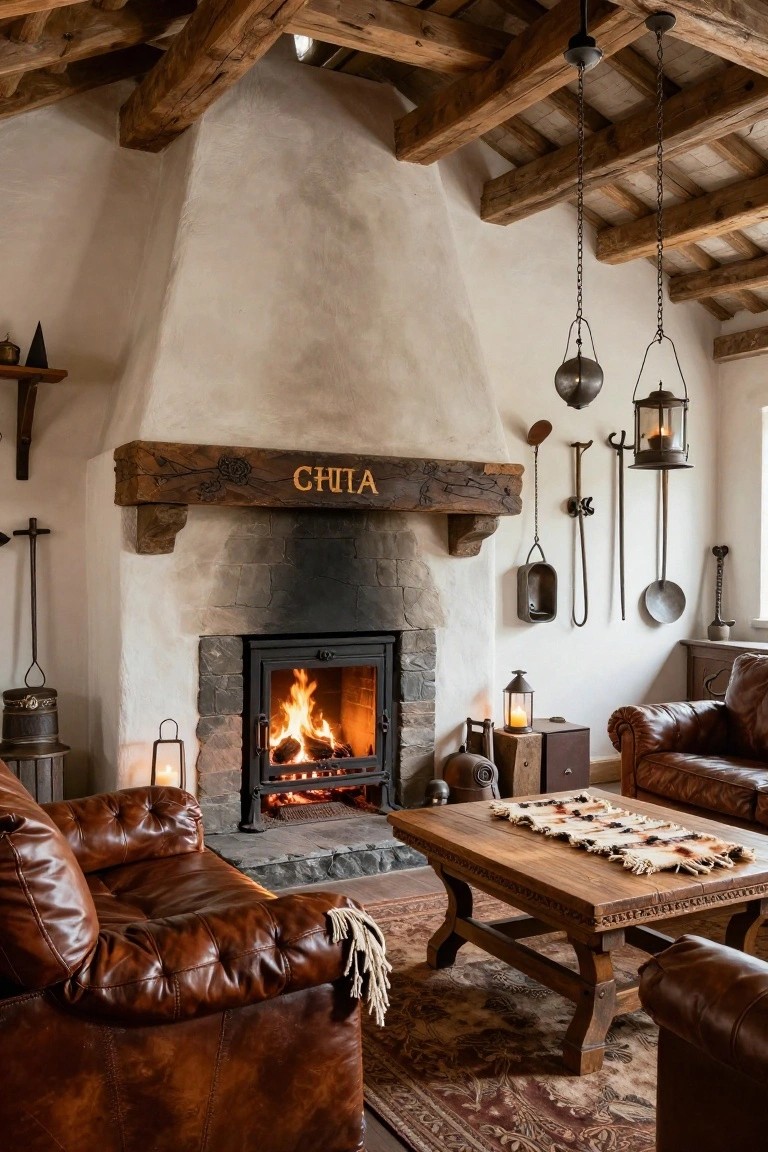 Living room interior with tall off-white stone chimney fireplace under exposed wooden ceiling beams, wooden beam mantel labeled CHITA, leather sofas, wooden coffee table, hanging lanterns, and rustic tools on walls.