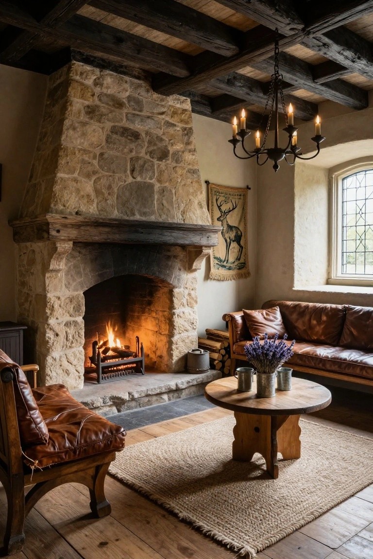Warmly lit living room with tall arched stone fireplace containing a wood fire on grate, flanked by leather armchairs and sofa, wooden coffee table holding tin cans with lavender, stag tapestry on wall, iron candle chandelier from beamed ceiling, and leaded window.