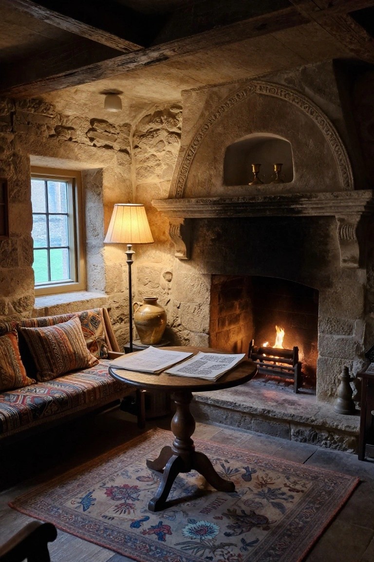 Cozy corner of a stone-walled living room featuring a large arched stone fireplace with burning logs, wooden table with open book, low bench with colorful cushions, lamp, and woven rug on the floor.