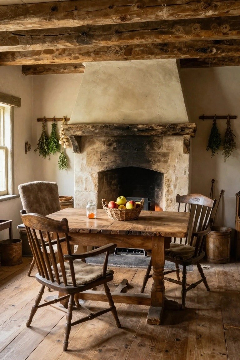 Rustic interior with exposed wooden ceiling beams, large arched stone fireplace, wooden dining table with chairs and basket of apples, hanging herbs, and wooden floors.