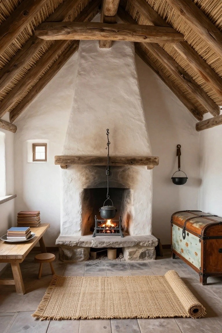 Cozy interior room with thatched ceiling, wooden beams, large whitewashed stone fireplace with hanging black pot over fire, wooden bench, stool, books, trunk, and seagrass rug on stone floor.