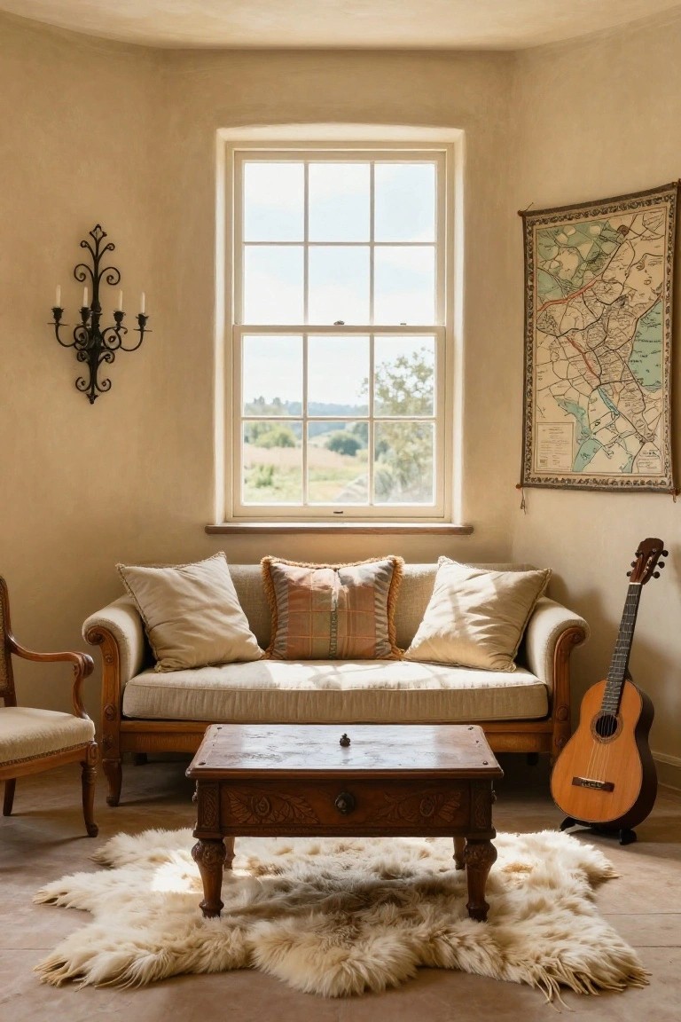 Curved beige-plastered interior room with cream sofa, wooden coffee table, armchair, sheepskin rug, classical guitar, iron wall sconce, and tapestry map next to a large multi-pane window overlooking countryside fields.