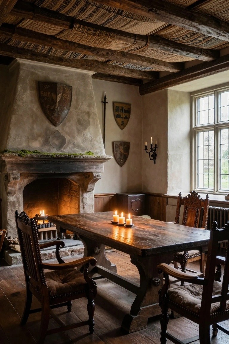 Medieval-style interior room with exposed wooden ceiling beams, large arched stone fireplace with mounted shields and mossy mantel, wooden dining table with carved chairs, and multiple candles lit on the table and hearth.