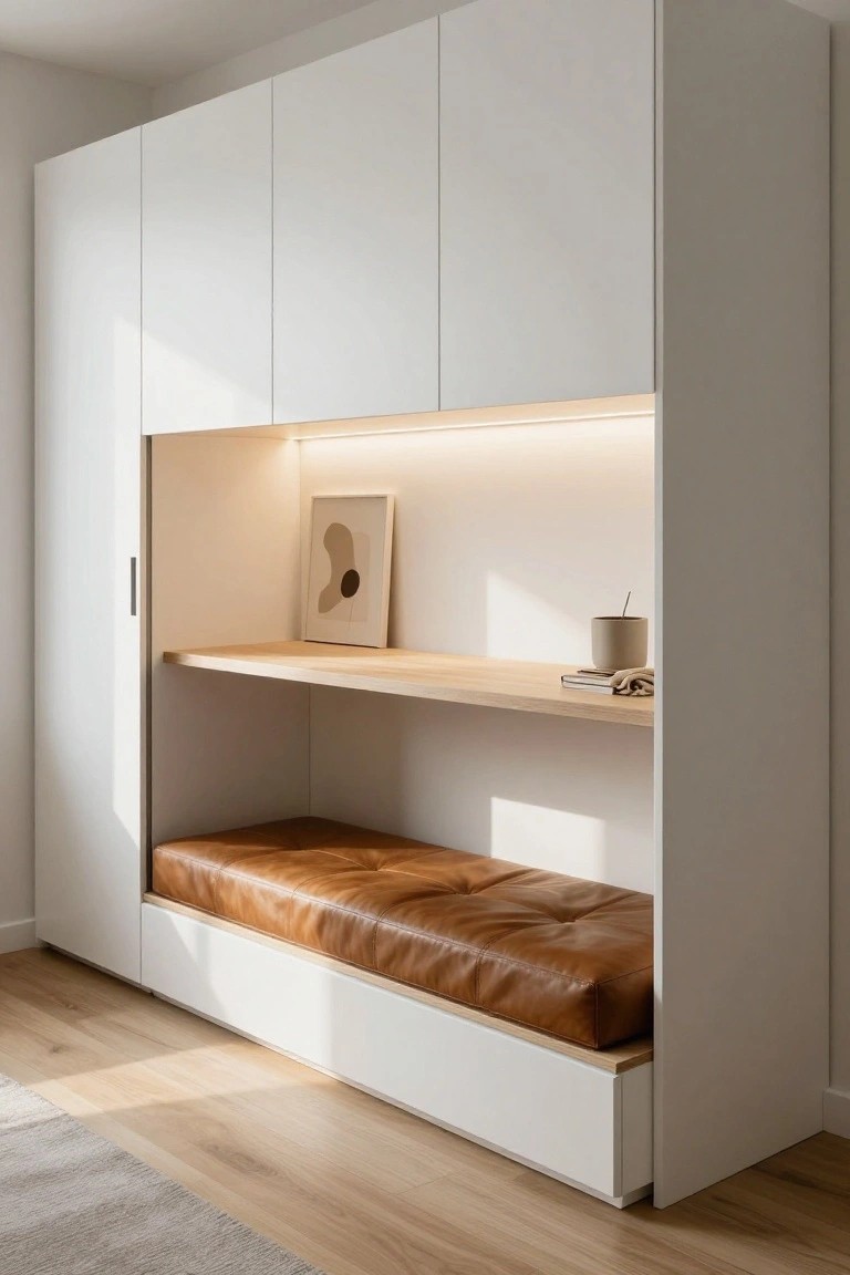Tall white wardrobe cabinets with an open recessed section featuring a tan leather bench seat at the base, wooden shelf above holding books and a cup, framed beige artwork, and LED strip lighting along the top edge, in a room with light oak flooring.