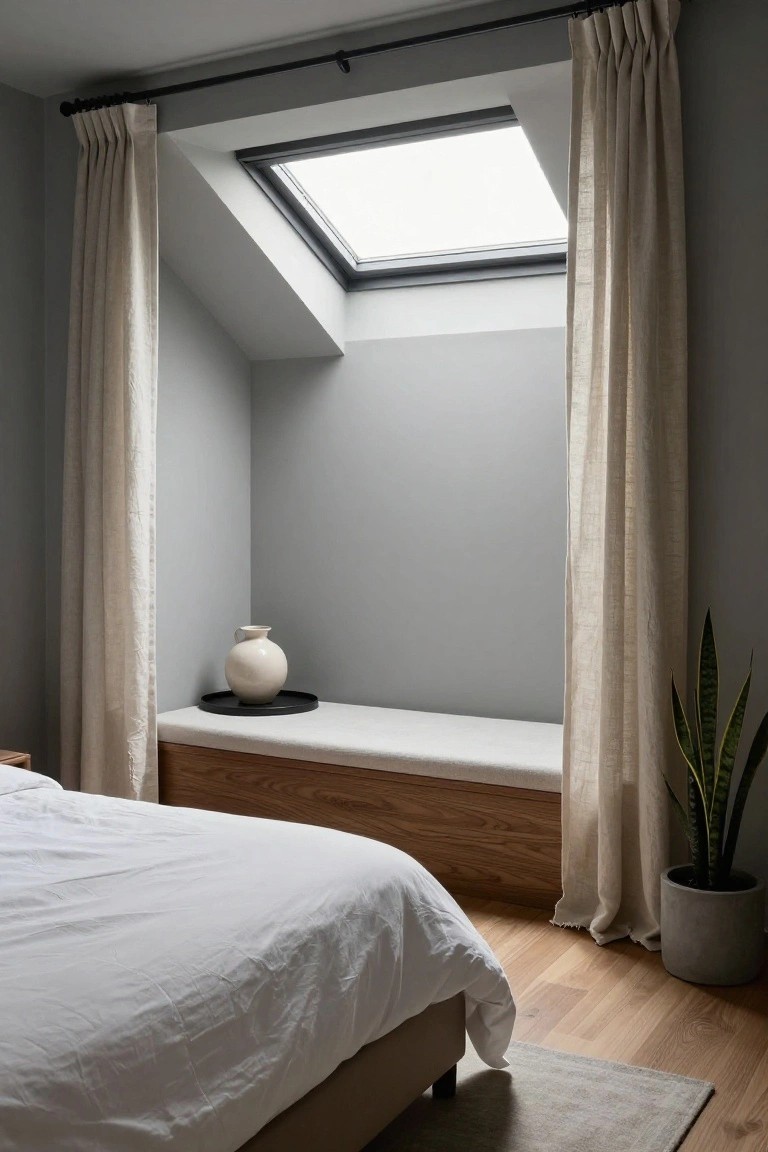 Minimalist bedroom corner with built-in oak window seat bench under skylight, open beige linen curtains framing the window, white ceramic vase on black saucer atop the bench, potted snake plant in gray pot, white bed on oak floor.