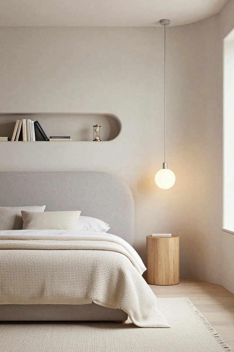 Minimalist bedroom corner with curved beige walls, a fabric-upholstered curved headboard on a bed with white sheets and beige throw, wooden stump nightstand, wall niche containing books and brass hourglass, hanging white globe pendant light, and light wood floor with beige rug.