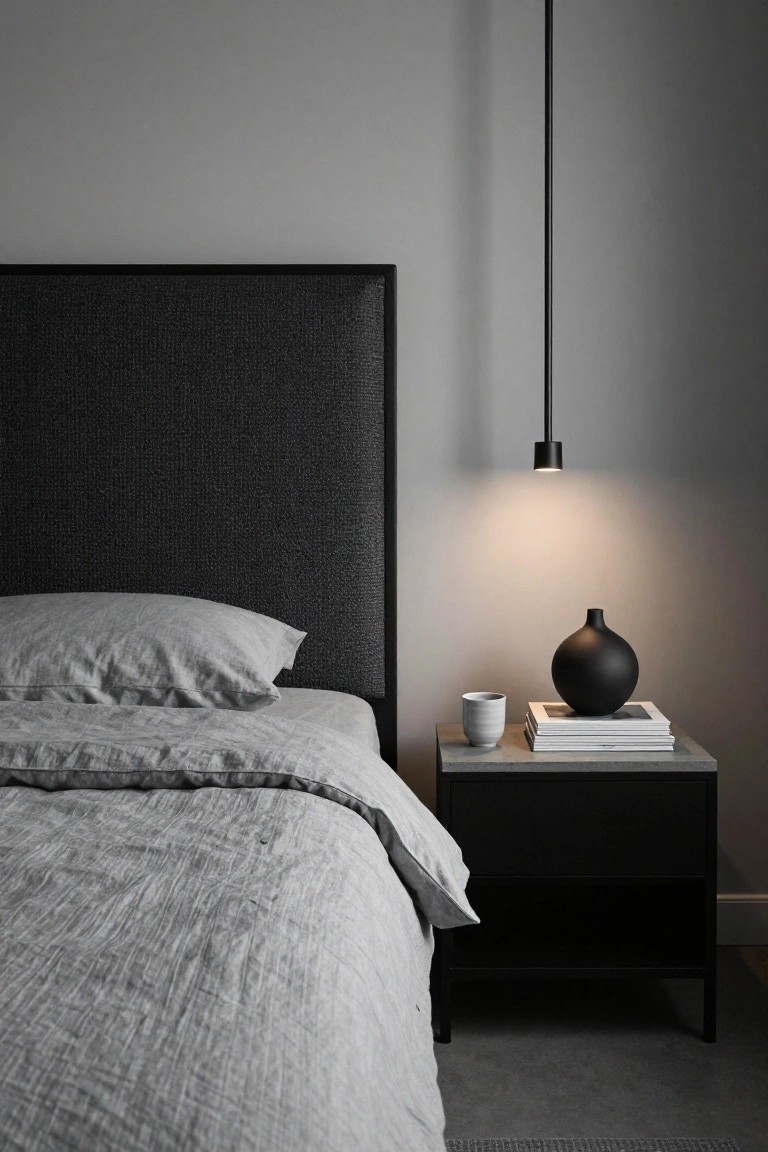 Minimalist bedroom with tall black tufted headboard, light gray linen bedding and pillows on the bed, concrete nightstand topped with stacked books, black vase, white cup, and slim black pendant light hanging above.