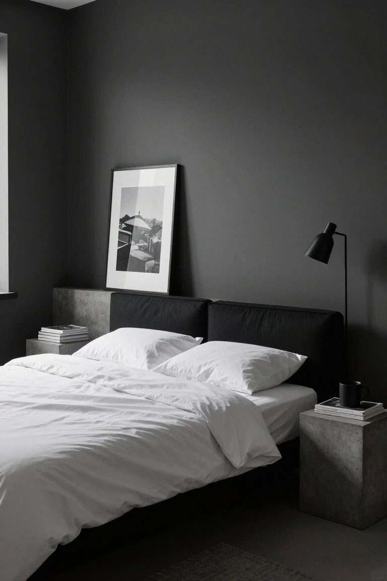A minimalist bedroom with dark gray walls, black upholstered platform bed topped with rumpled white duvet and pillows, concrete side table holding stacked books and a mug, black arc floor lamp, and tall framed black-and-white photograph on the wall.