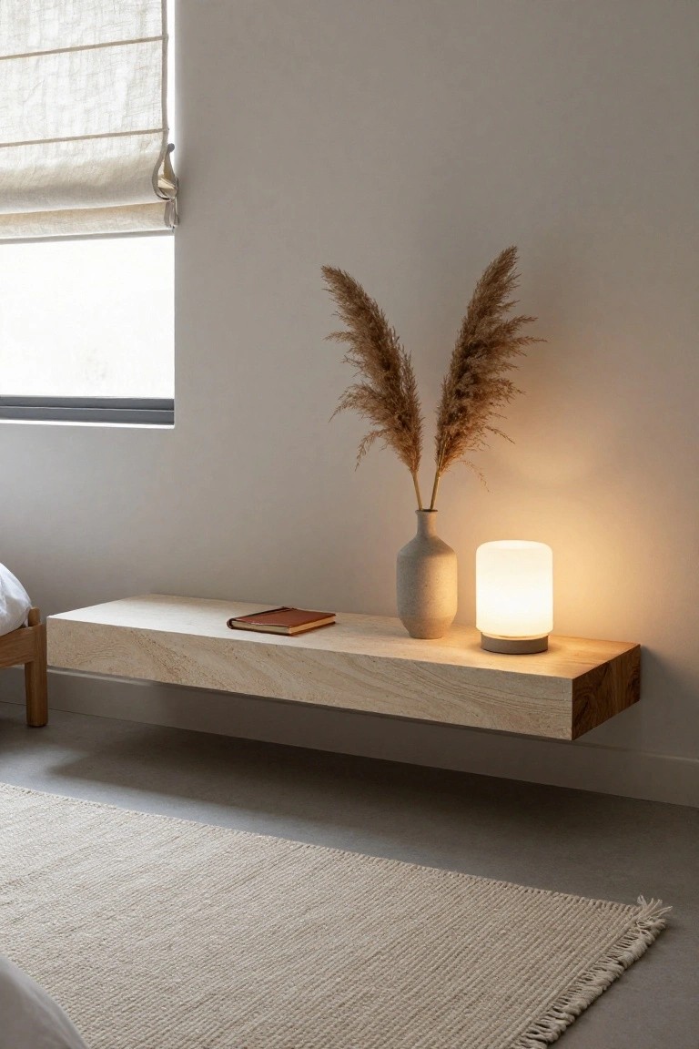 Minimalist bedroom with a floating light wood shelf mounted on a white wall above a low bed, shelf holds a brown leather book, tall beige vase with pampas grass, and cylindrical white lamp, beige rug on floor, linen blinds on window.