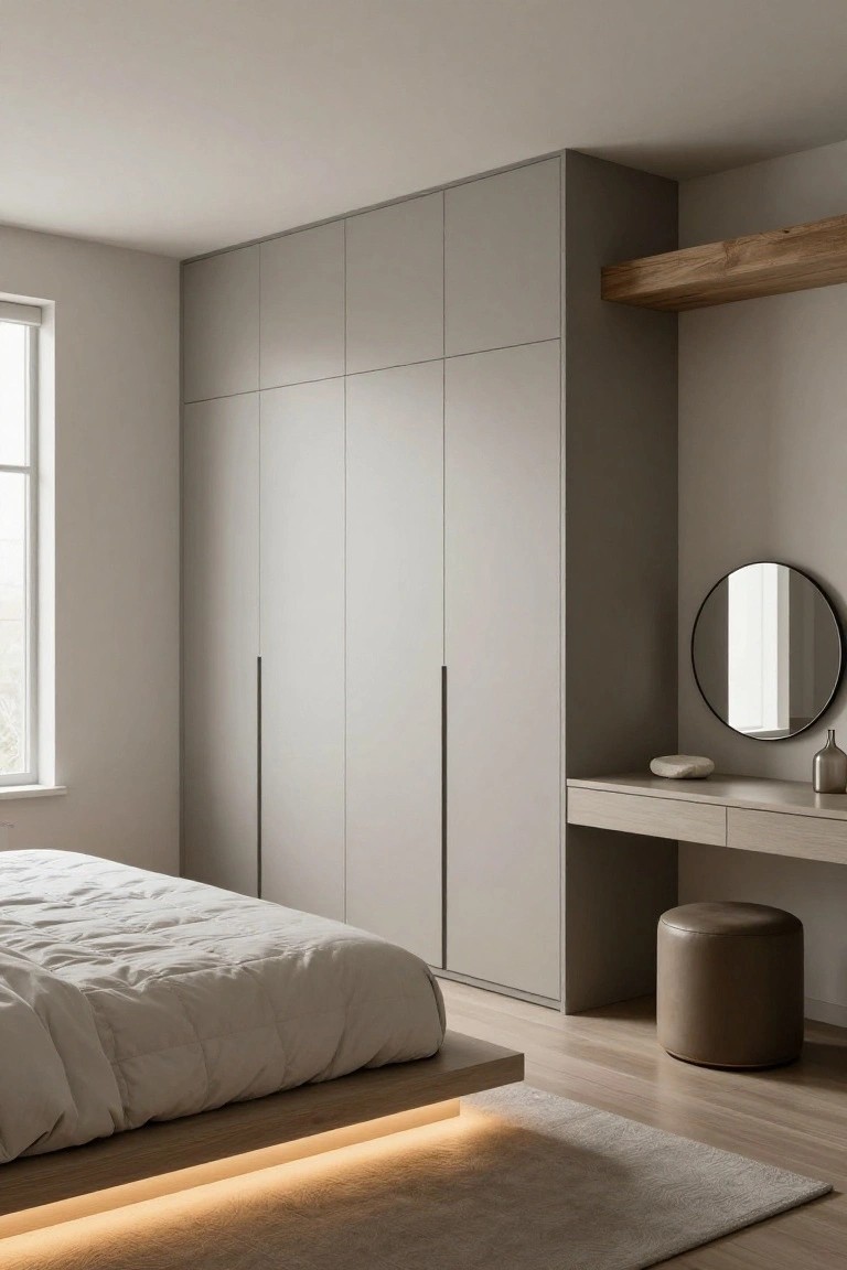 Modern minimalist bedroom with tall gray wardrobe panels along one wall, low platform bed with under-bed lighting, wooden vanity desk with round mirror and stool, exposed wood beam ceiling, window, and neutral beige tones.