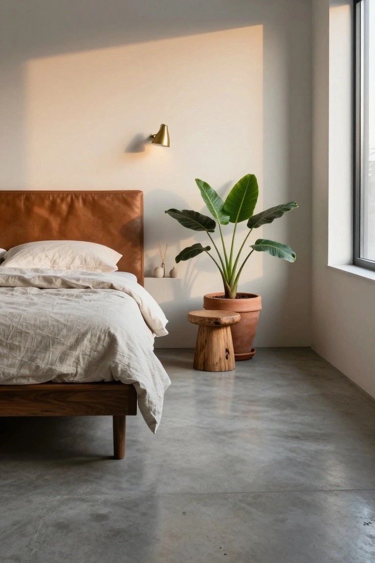 Minimalist bedroom with tan leather headboard on wooden bed frame, white linen bedding, large potted plant with broad leaves in terracotta pot next to tree stump stool, polished concrete floor, and wall-mounted brass sconce by large window.
