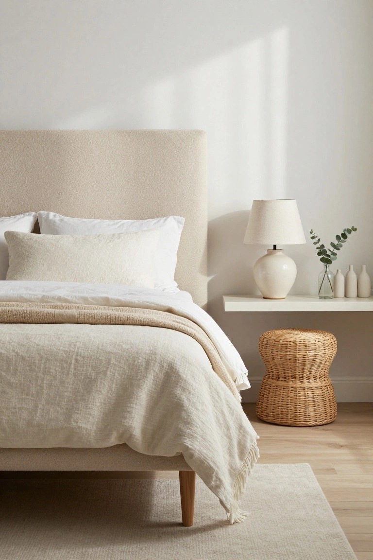 A minimalist bedroom with beige bouclé headboard, white pillows, beige linen duvet and throw, bedside shelf holding a white lamp and eucalyptus stems with white vases, wicker stool, light wood floor, and beige rug.