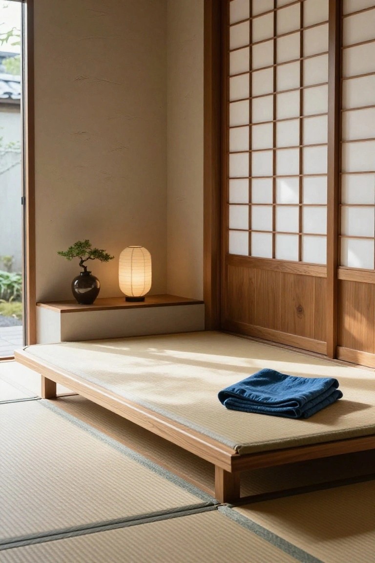 Minimalist Japanese-style bedroom interior featuring a low wooden platform bed with blue blanket on tan tatami mats, black bonsai pot and white paper lantern on a shelf, shoji screens, and wooden elements.