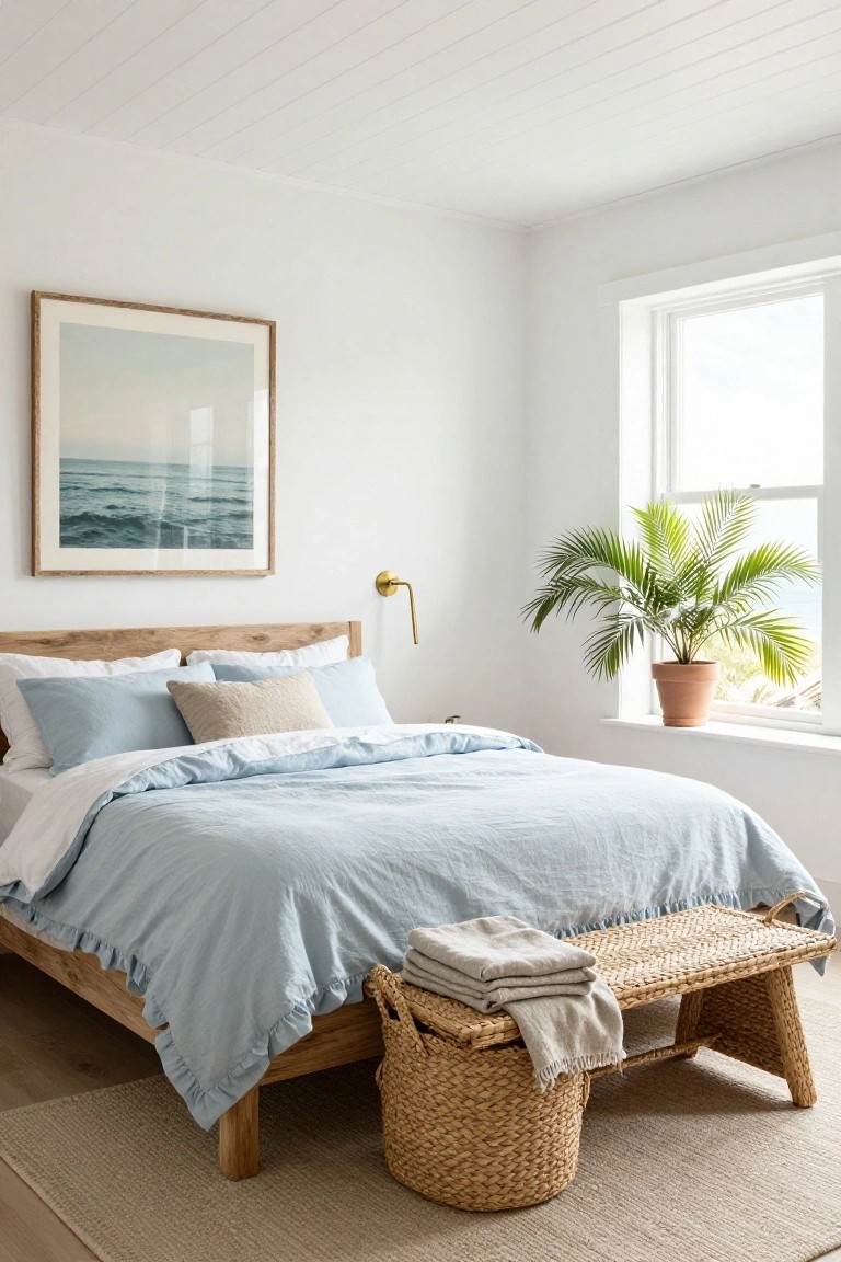 Minimalist bedroom with wooden bed frame, light blue ruffled linen duvet and white sheets, neutral pillows, gold wall lamp, foot bench with folded gray throws and woven basket, potted palm plant by window overlooking ocean, and large framed seascape photo on wall.