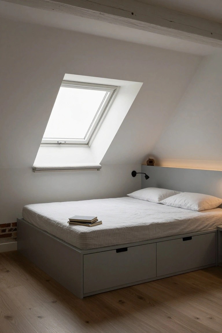 Attic bedroom with grey platform bed on low frame, white pillows and duvet on mattress, two underbed drawers with black handles, skylight in sloped white ceiling, wooden beams above, light wood floor.