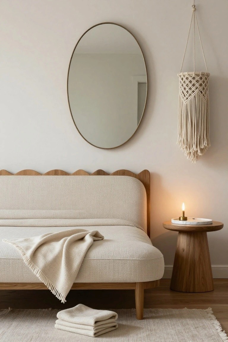 Minimalist bedroom with cream daybed featuring scalloped wooden headboard, brass oval mirror on wall, macrame hanging planter, wooden side table holding lit candle and tray, stacked cream blankets, and light rug on floor.