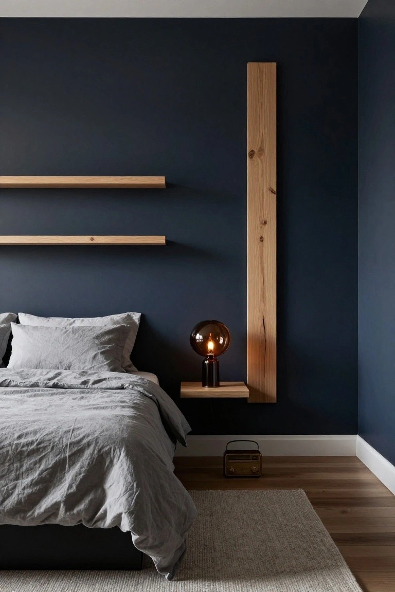 Minimalist bedroom with dark navy walls, tall vertical oak wood panel integrated with floating shelves and nightstand, gray linen bed, brown glass globe lamp lit on nightstand, small wooden radio on floor, light oak wood flooring, and cream wool rug.