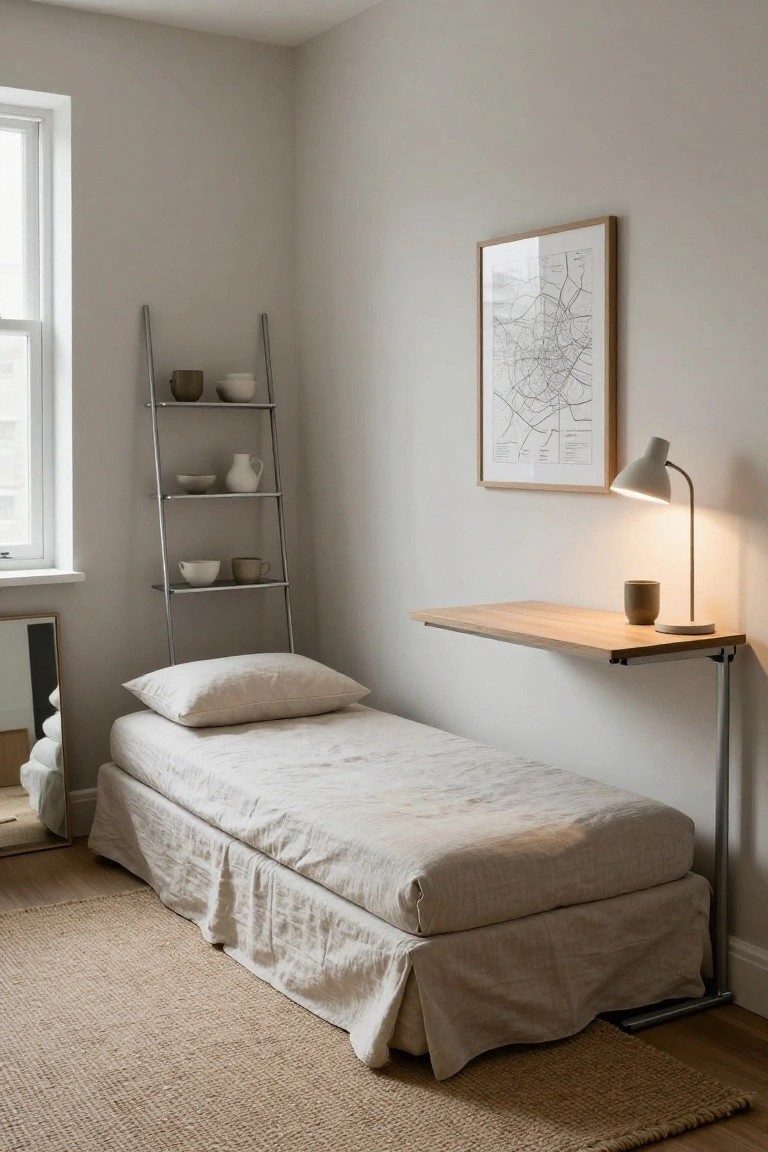 Minimalist bedroom with single bed under wall-mounted wooden desk, ladder shelving unit holding ceramics, desk lamp, map print on wall, neutral colors, seagrass rug on wood floor.