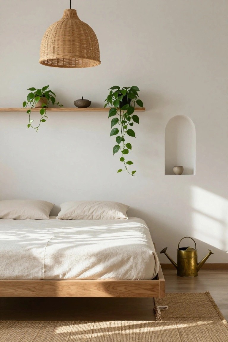 A minimalist white bedroom with a low oak platform bed dressed in white linen sheets, a wooden floating shelf with potted trailing plants, an arched wall niche holding a small ceramic pot, rattan pendant light overhead, brass watering can on the floor, and seagrass rug.