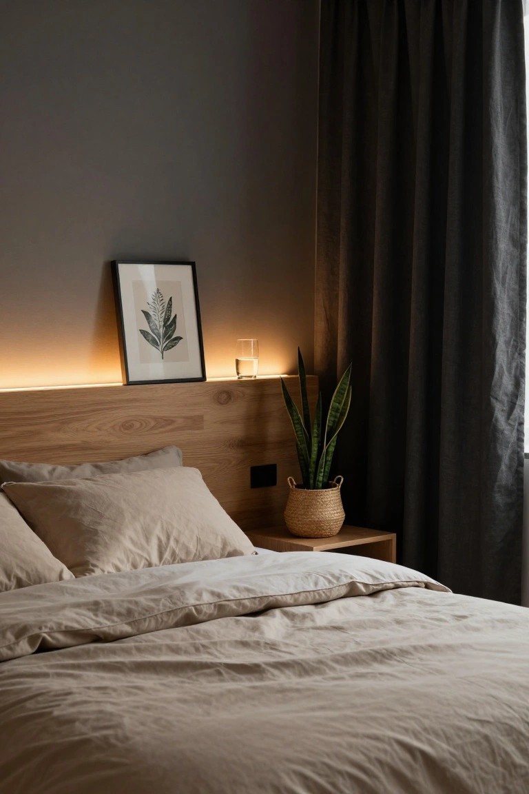 Minimalist bedroom with light oak headboard featuring warm LED strip lighting along the back edge, neutral beige linen pillows and duvet on the bed, snake plant in woven basket on wooden nightstand, framed leaf artwork on gray wall, and dark gray curtains.