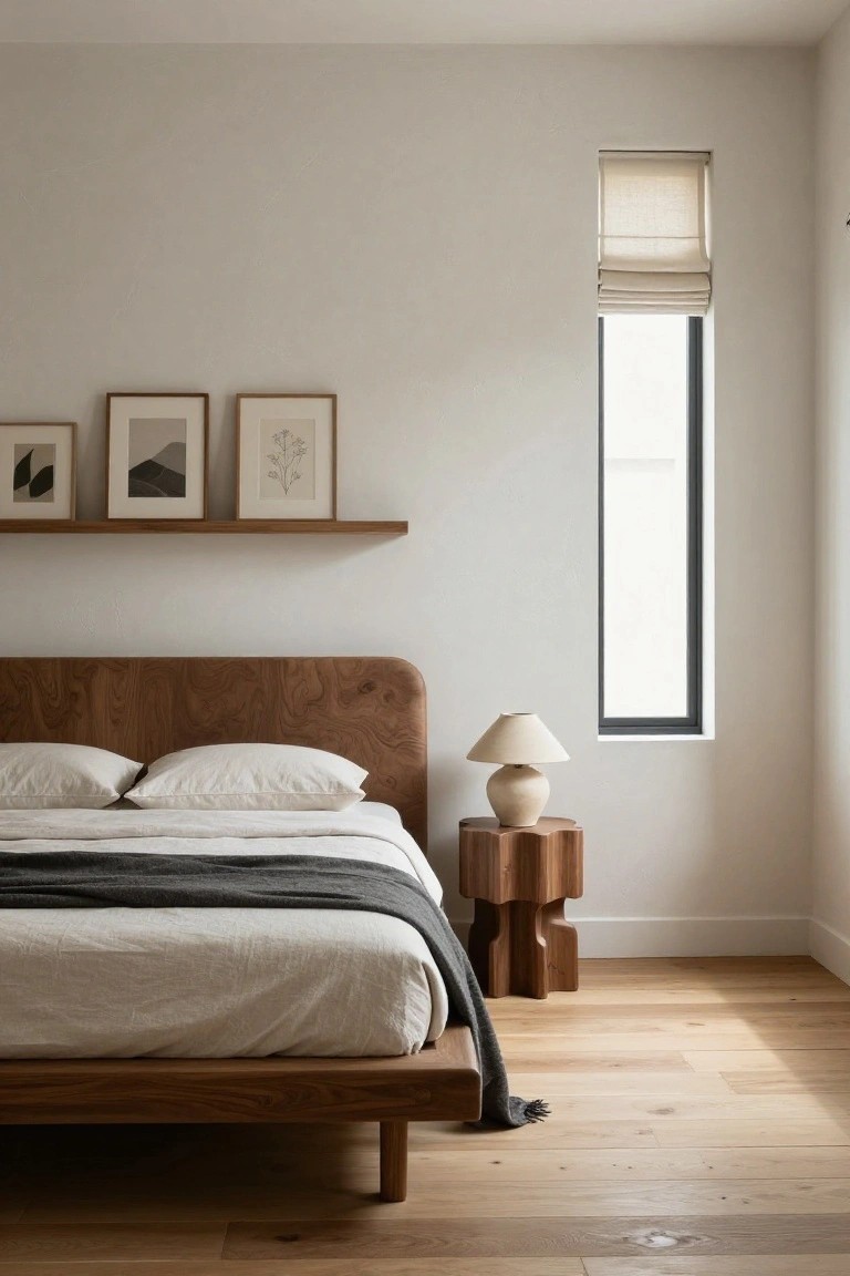 Minimalist bedroom with low wooden platform bed featuring curved walnut headboard, white linen bedding with gray throw, sculptural wooden nightstand and ceramic lamp, floating wooden shelf holding three framed abstract line drawings, beige roman shade on tall narrow window, white walls, and light oak flooring.