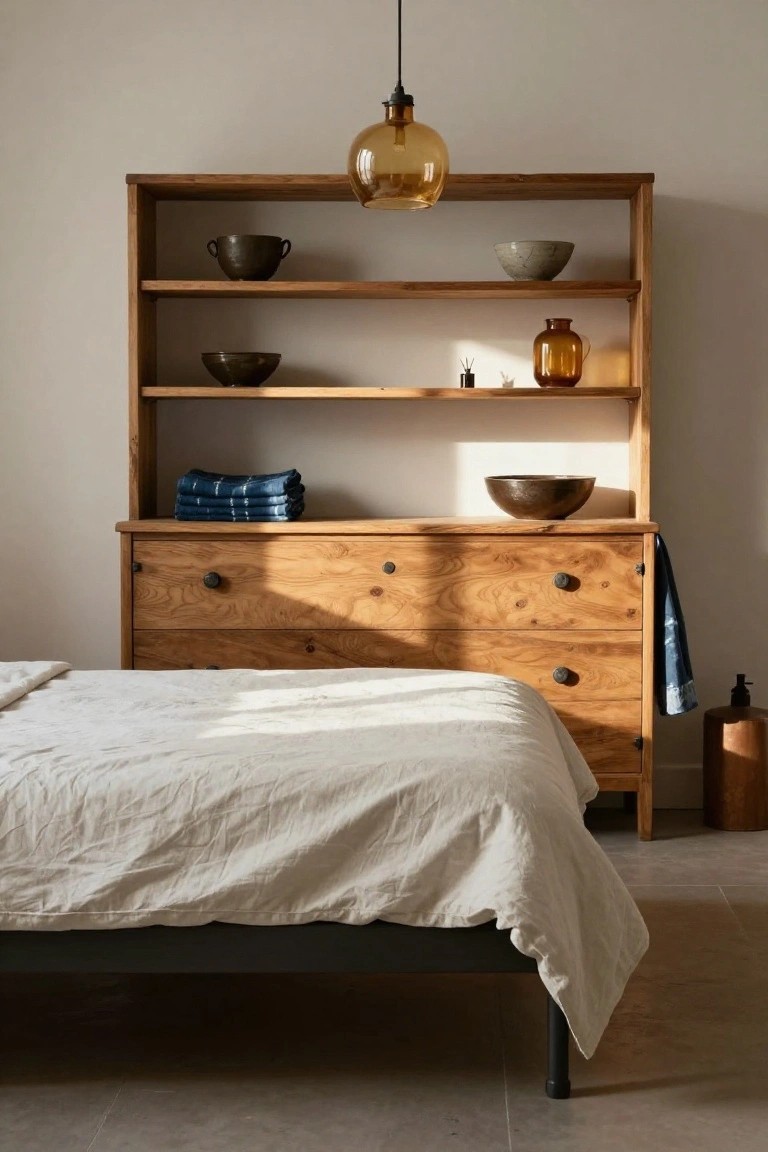 Minimalist bedroom with tall wooden dresser featuring open upper shelves displaying ceramic bowls, jars, and folded blue fabric, next to a low bed with white linen sheets and an amber glass pendant light overhead.