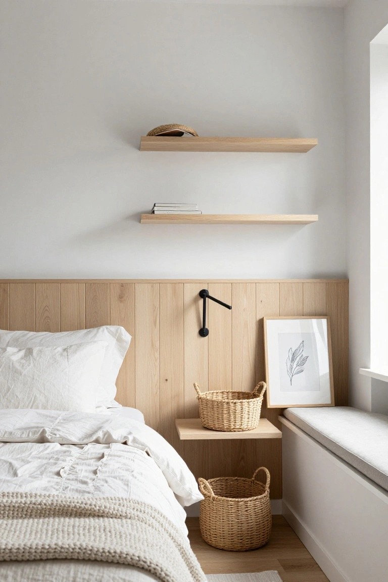 Minimalist bedroom with a queen bed against a vertical light oak slat wall headboard, white linen bedding and knit throw, floating oak shelves with books and hat above, black wall lamp, framed leaf artwork, wicker baskets on built-in window seat bench, white walls, and oak floor.