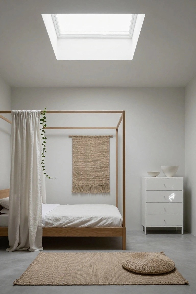 Minimalist white bedroom with wooden four-poster canopy bed draped in white linen curtains and trailing ivy on one post, white dresser with ceramics nearby, beige macrame wall hanging, seagrass rug and pouf on concrete floor, skylight overhead.