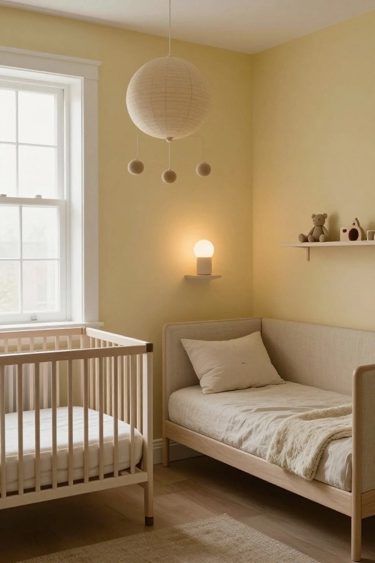 Pale yellow children's bedroom corner with wooden crib, adjacent low wooden bed with white linens and throw, wall shelf holding stuffed bear and toys, paper lantern ceiling light with hanging balls, white wall lamp, hardwood floor, and window.