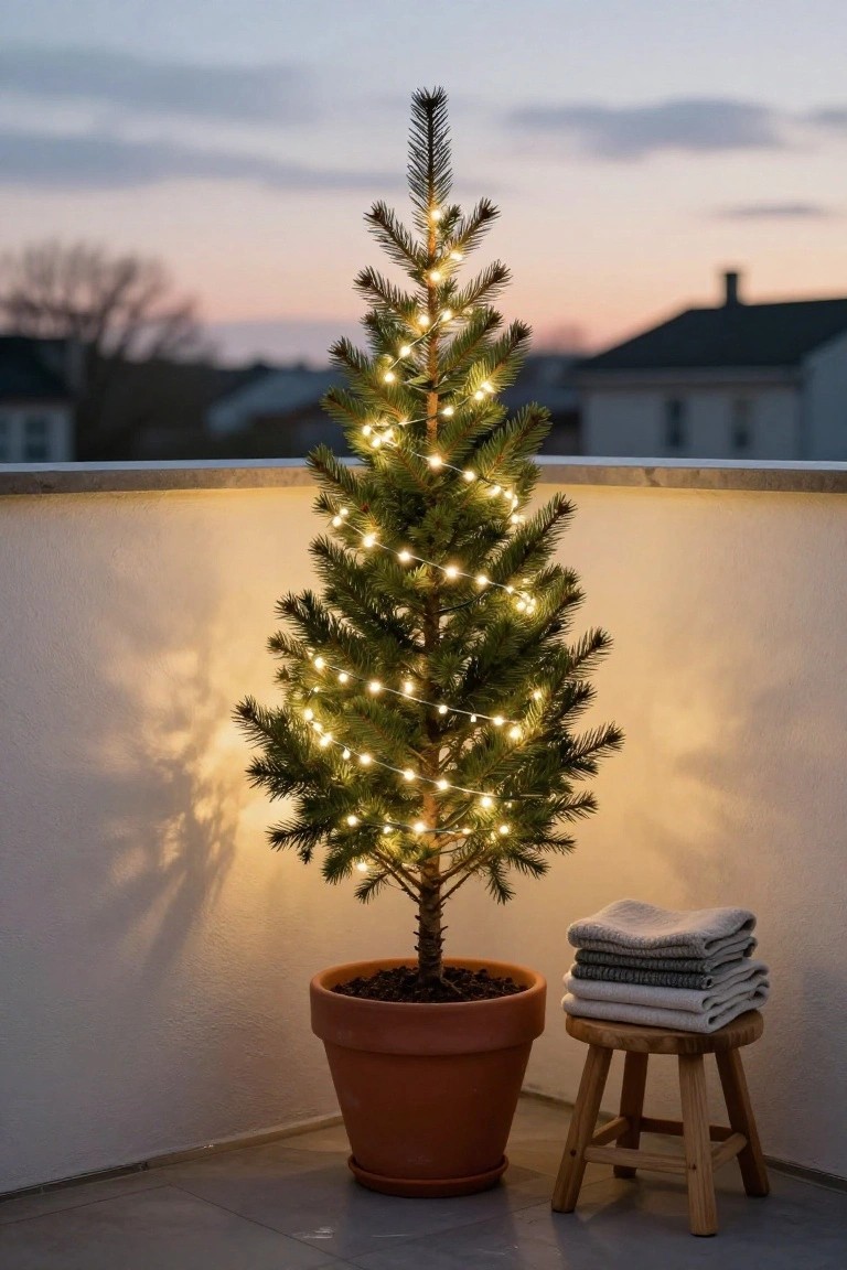 Small potted evergreen Christmas tree strung with warm white fairy lights on a balcony next to a wooden stool stacked with gray knit blankets, against a stucco wall with rooftops and dusk sky visible.